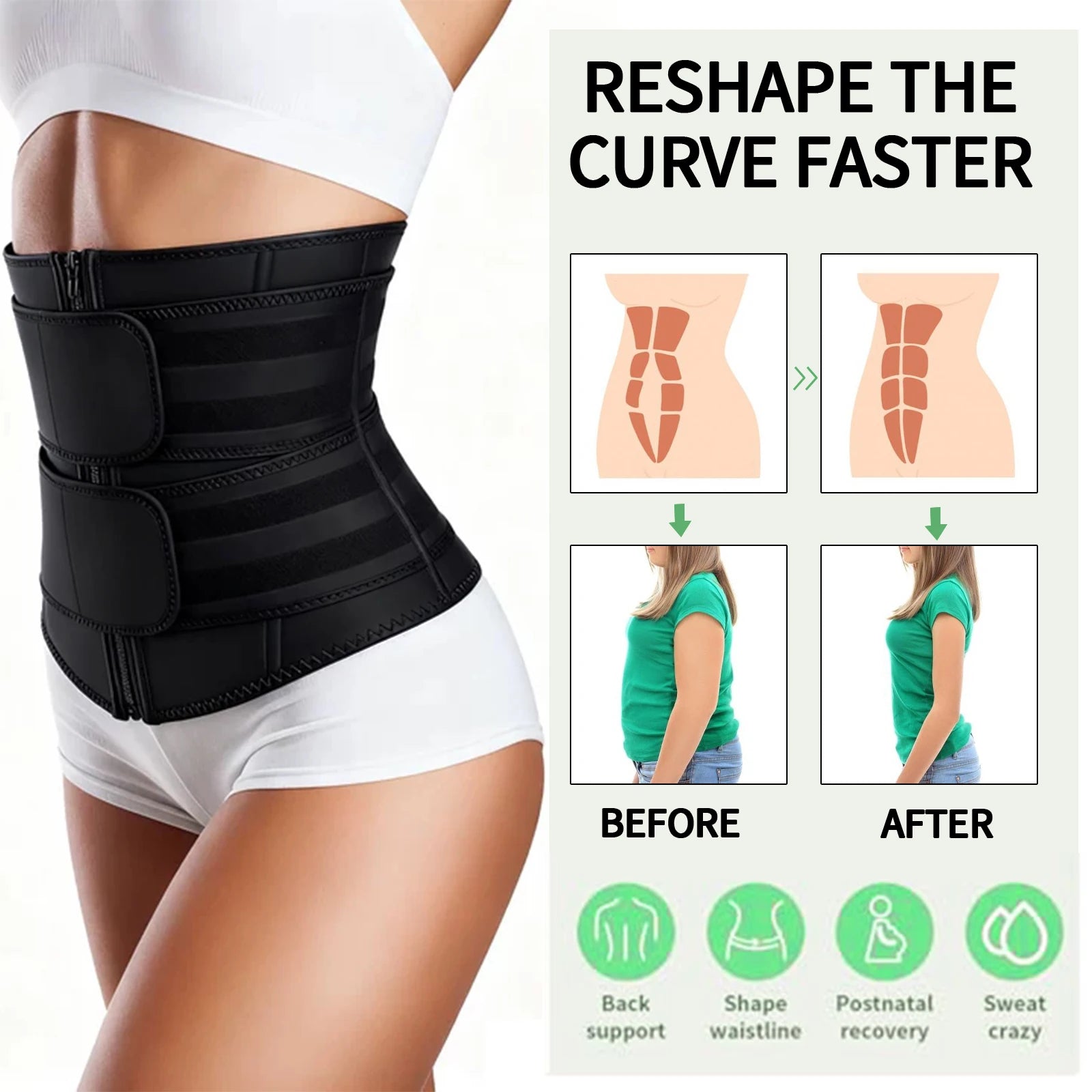 Entrenador de cintura ajustable para mujer, corsé de neopreno con cinturones dobles con cremallera, faja de entrenamiento para control de barriga y soporte de espalda