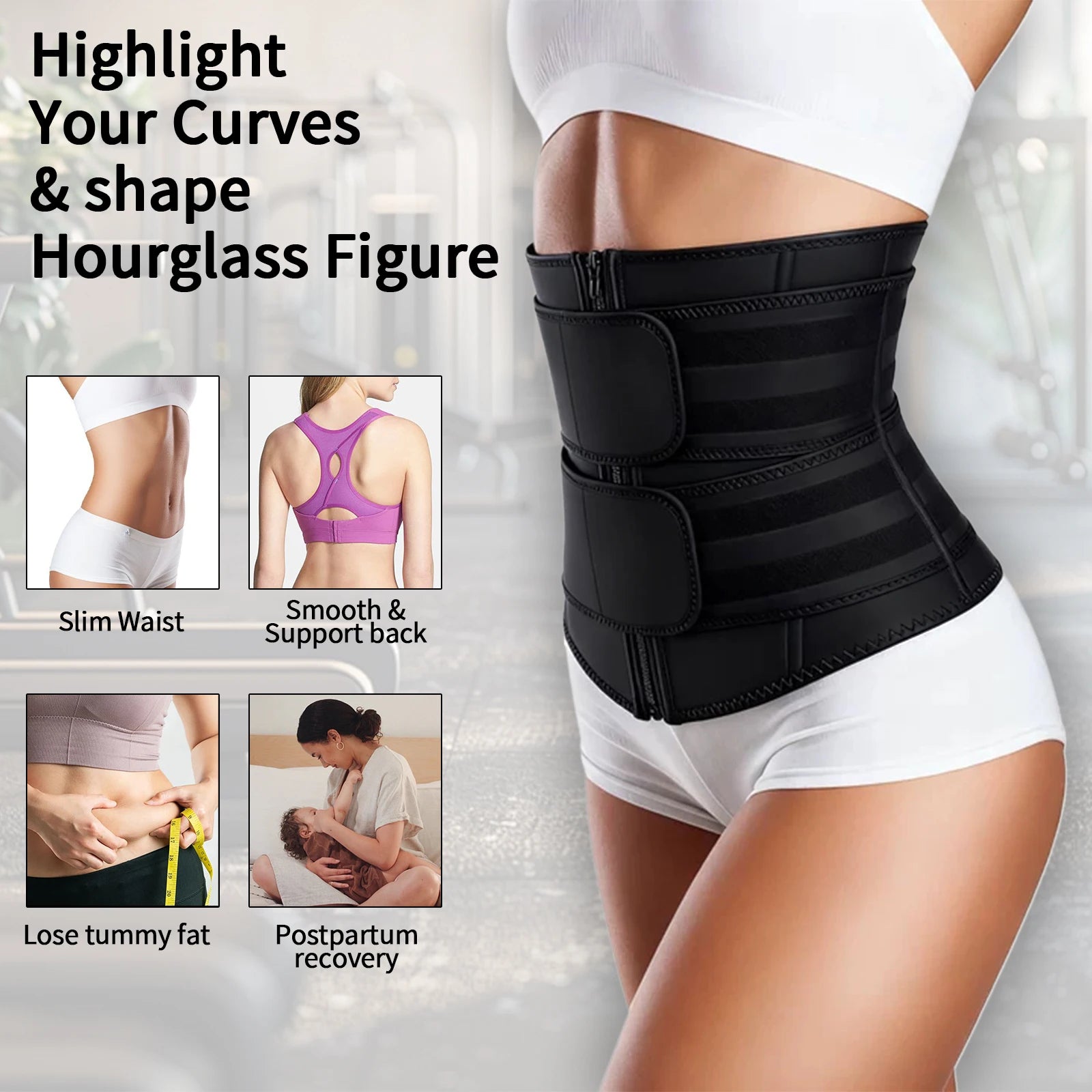 Entrenador de cintura ajustable para mujer, corsé de neopreno con cinturones dobles con cremallera, faja de entrenamiento para control de barriga y soporte de espalda